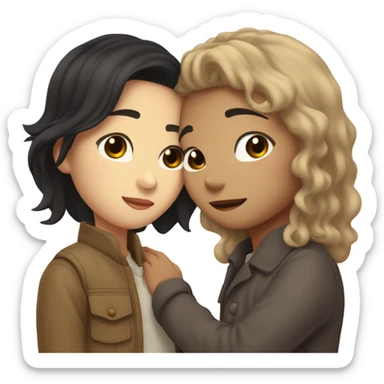 A half pale Asian man with short dark hair and amber eyes embracing and loving a half Asian woman with long wavy dark hair and dark hazel eyes. They love each other a lot And have good fashion taste and are hugging each other tight  sticker