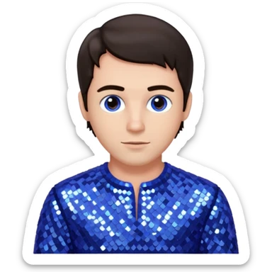 Jeff McCracken with dark brown hair, periwinkle sequin outfit sticker