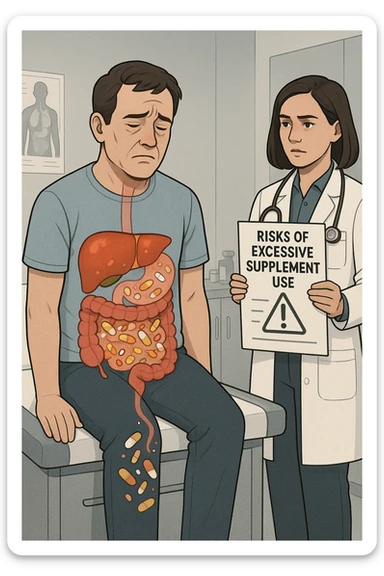 a man sits on a doctor’s examination table, looking fatigued and uncomfortable. A transparent anatomical overlay reveals his liver and intestines, both appearing inflamed and congested, with stylized supplement capsules and pills scattered throughout the digestive tract. The doctor stands nearby, holding a chart that highlights the risks of excessive supplement use. The mood is clinical and educational. sticker