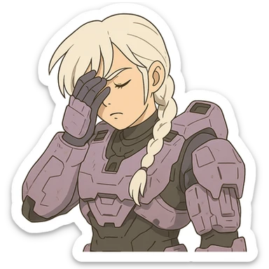 female, wearing reach spartan armor shoulder-unequip, long white braid hair with massive messy front side single bangs, gold yellow eyes, attention pose, HALO:series, no helmet, the armor is lavender color scheme, facepalm, smh, eyes closed sticker
