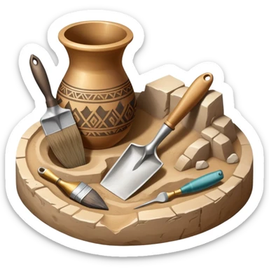 An icon showing an archaeologist’s tools: a trowel, brush, and a partially uncovered ancient artifact like a vase or tablet. The design includes a sandy excavation site with ruins in the background, symbolizing the discovery of past civilizations. Transparent background  sticker