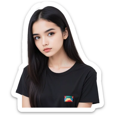 white girl, black long straight hair, brown eyes, dark eyebrows, small lips, black t-shirt sticker