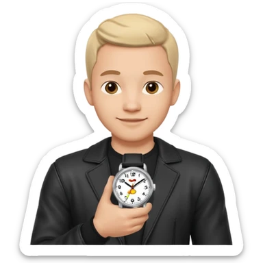 man wearing a black strap watch portrait, head and shoulders only, round face, soft jawline, friendly smile, black leather strap watch visible, 3D cartoon, mobile game icon style, clean background, no text, no watermark sticker