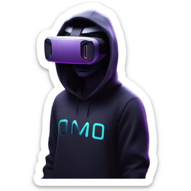 Ilon Mask wearing a black hoodie with "OMG" letters on it and VR headset oculus quest 2 in a cyberpunk VR environment with violet neon lighting. sticker