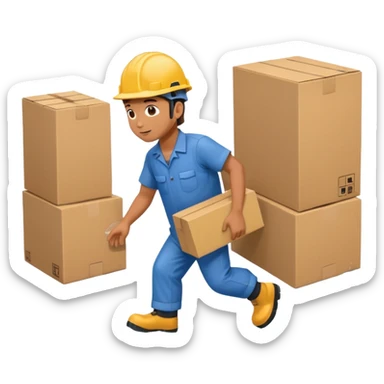 Animación educativa sobre un accidente laboral en un entorno industrial. Un trabajador de fábrica, con casco pero sin otros elementos de protección personal, resbala en un piso mojado y cae al suelo mientras transporta una caja. sticker