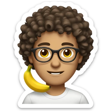Curly dark brown hair guy with brown eyes and light brown round glasses. Holding a banana sticker