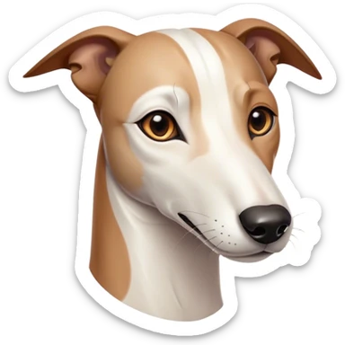 Cinematic Noble White and Brown Greyhound Portrait Emoji, Poised and regal, with a slender, aerodynamic build and a sleek Fur of pristine white accented by warm brown markings, deep-set soulful eyes, Simplified yet sharp and sophisticated features, highly detailed, glowing with a soft, dignified glow, high shine, intelligent and agile, stylized with an air of elegance, focused and attentive, soft glowing outline, capturing the essence of a watchful and swift companion, so majestic it feels as though it could dash out of the screen with effortless authority! sticker