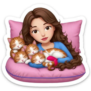 girl with long wavy brown hair, brown eyes, long lashes makeup, sexy pink lips, light to medium complexion, sleeping on a cozy pillow with 6 cats sticker
