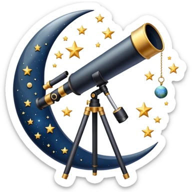 An icon featuring a telescope, stars, and a planet, symbolizing astronomy. The design includes a crescent moon, distant galaxies, and constellations, representing the study of space and celestial bodies. Transparent background highlights the exploration of the universe and cosmic phenomena. sticker