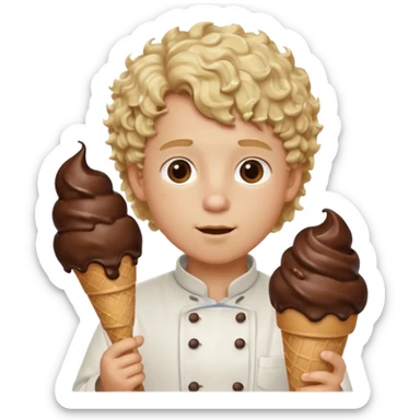 boy blonde curly hair, chef, eating big chocolate ice cream sticker