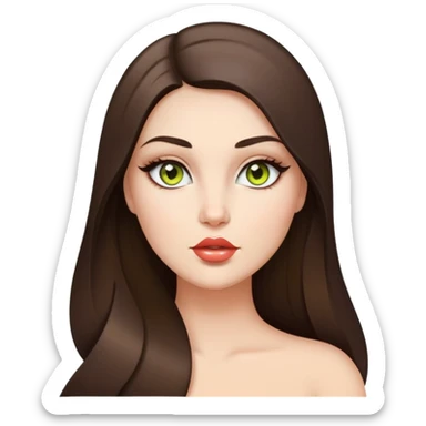 Curvy but beautiful brunette girl, chartreuse eyes, pin straight super long hair, modern style and glossy lips sticker