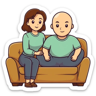 One Caucasian woman with brown hair big boobs wearing pants sitting on a couch with a bald man. She is kneeling sticker