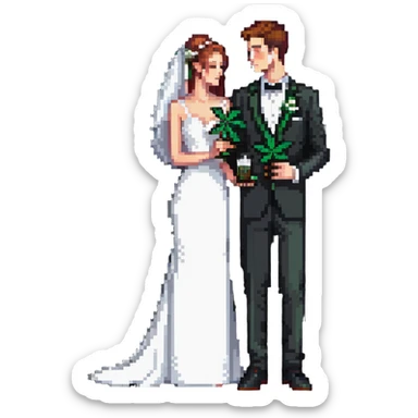 A bride in white wedding dress and groom in tuxedo, full body, sharing cannabis, wedding couple sticker