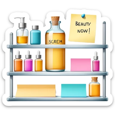 big shelf with one beauty serum, large sticky note with 'reorder now!' text sticker