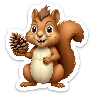 A greedy squirrel with a large pine cone balanced on its head, making a weird facial expression, wide eyes, and mischievous grin sticker