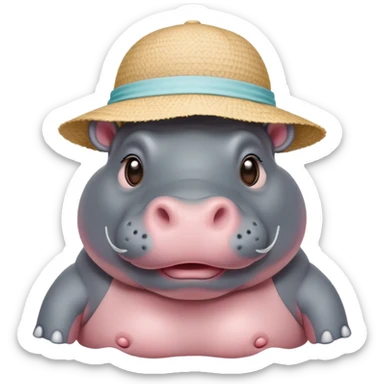 Blushing hippo with beach hat on and bathing suit sticker