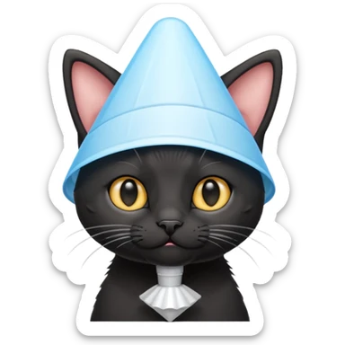 A mostly black kitten with a white chest and a plastic cone on around his head after surgery sticker