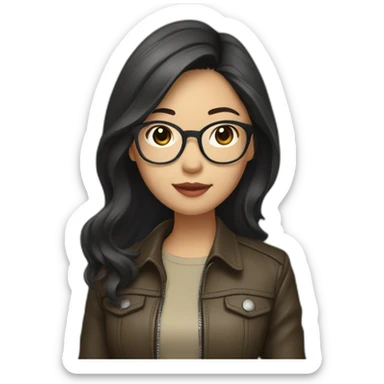 asian girl with glasses and a leather jacket with a  khaki shirt and long dark hair sticker