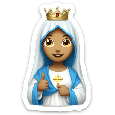 blessed virgin mary with one hand thumb up, with blue veil and white clothes, with crown, with halo sticker