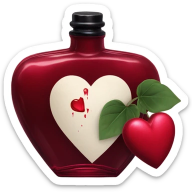 Dark red aesthetic perfume bottle with red bleeding hearts and an ink bottle sticker