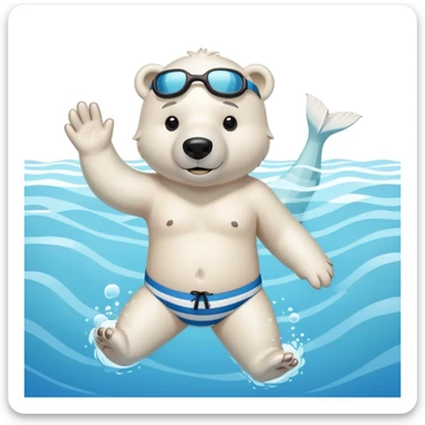 friendly anthropomorphised polar bear swimming in a wide pool scene, wearing striped swim trunks and snorkel gear sticker