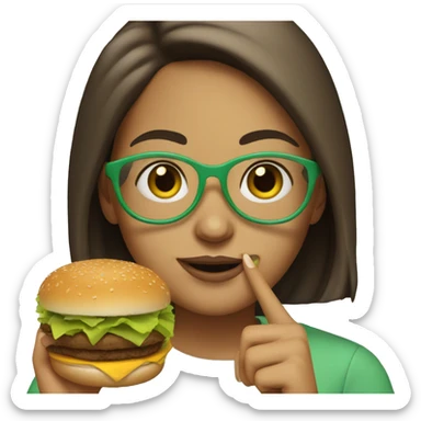 a girl with straight brown hair. she has light green glasses. she is eating a burger sticker