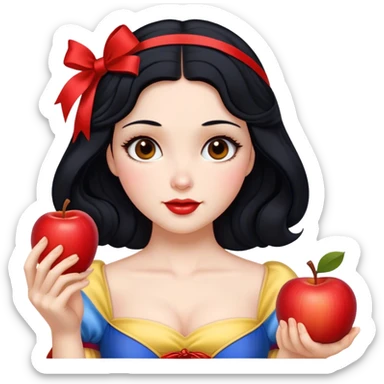 Cinematic Realistic Snow White Portrait, depicted with lifelike skin texture, soft natural lighting, and intricately detailed black hair styled with a red ribbon. Her soft brown eyes radiate innocence and kindness, complemented by a warm, gentle smile. She holds an apple in one hand, her other hand resting against her cheek, embodying her purity and charm. She is dressed in her classic yellow, blue, and red gown, the fabric rich in texture with delicate folds that catch the light beautifully. The portrait features a soft, natural glow with a radiant finish, capturing the essence of timeless beauty in a realistic and painterly style. sticker