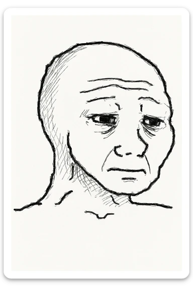 Wojak meme face with a sad expression, black outline, white fill sticker