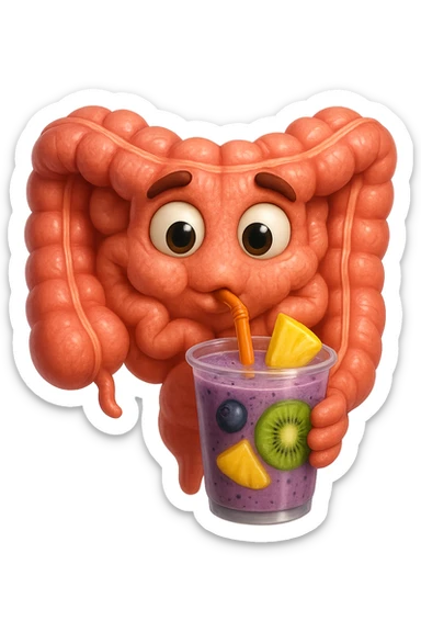 EMOJI STILE IPHONE DI un intestino umano anatomico che beve un frullato di mirtilli, ananas, kiwi, fagli anche la parte bianca degli occhi, non solo le pupille, REALISTICo 4K sticker