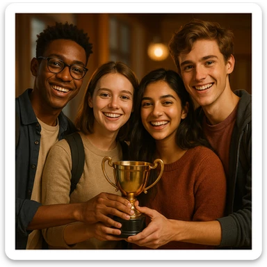 quatre jeunes étudiants ensemble, tenant un trophée, ambiance chaleureuse, style semi-réaliste, warm lighting, detailed faces sticker