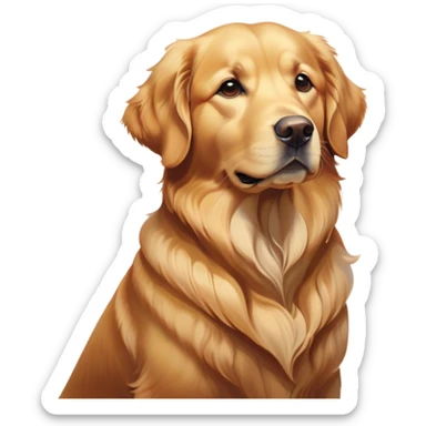 Cinematic Noble Golden Retriever Portrait Emoji, Poised and regal, with a strong, athletic build and a lustrous, well-groomed golden coat, deep-set soulful brown eyes, Simplified yet sharp and sophisticated features, highly detailed, glowing with a soft, dignified glow, high shine, intelligent and friendly, stylized with an air of warmth, focused and attentive, soft glowing outline, capturing the essence of a watchful and confident companion, so majestic it feels as though it could bound out of the screen with effortless authority! sticker