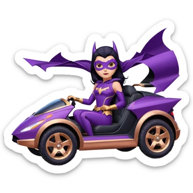 Hot full size real-appearance racing action BatGirl’s feminine midnight-purple tight outfit sixty’s tv show 1992 stealth retro cat burglar sporty petite off-road pursuit hovering hover cruiser car rose gold accents (black hair,reclined and relaxed seating position and attitude) desert sticker