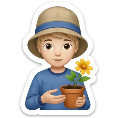 young boy wearing bucket hat, holding a flower pot sticker