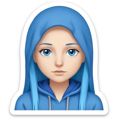 White woman with long blue straight hair and blue eyes with long eyelashes and blue hoodie that's not up sticker