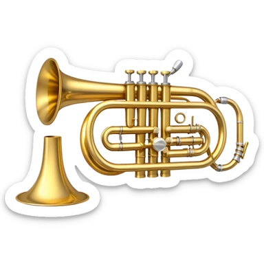 Create a sleek and polished emoji representing the Brahner trumpet. The design should feature the shiny brass body of the trumpet, with its distinct bell shape and coiled tubing. Highlight the three smooth, finger-operated valves, and the mouthpiece at the top of the instrument. The finish of the trumpet should be a rich, golden brass tone with subtle reflections, giving it a polished and professional appearance. Add musical notes or soundwaves around the bell of the trumpet to evoke its bold and brassy sound. Use golden, brass, and silver tones to emphasize the vibrant, high-quality design of the trumpet. The background should be transparent. sticker