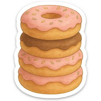 A stack of donuts in Ghibli style, detailed, soft pink colors, with no background sticker