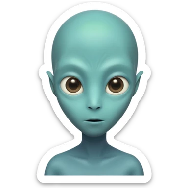 Portrait of an alien with smooth greenish-blue skin, large black oval eyes, small nose, and no visible ears, elongated head, front-facing, wearing brown t-shirt, soft glow, simple futuristic design sticker