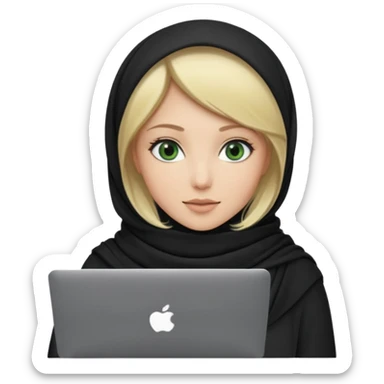blond women skine , with green eyes , with black scarf hijab ,without hair, with macbook sticker