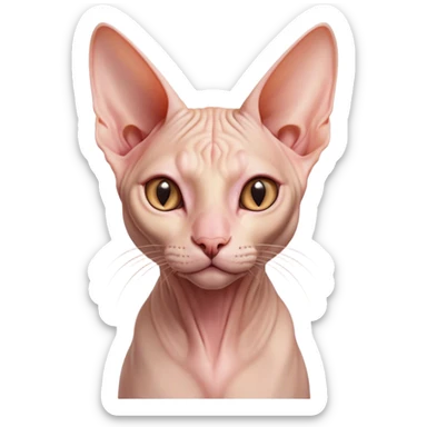 Cinematic Noble Sphynx Cat Portrait Emoji, Poised and regal, with smooth, hairless skin in warm peach and soft pink tones, striking large ears and intense almond-shaped eyes, Simplified yet sharp and sophisticated features, highly detailed, glowing with a soft, dignified glow, high shine, intelligent and graceful, stylized with an air of elegance, focused and attentive, soft glowing outline, capturing the essence of a watchful and refined feline, so majestic it feels as though it could glide across the screen with effortless confidence! sticker