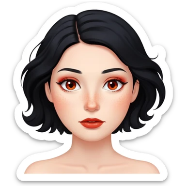 woman with flowing black hair, natural makeup, and prominent red freckles on face sticker