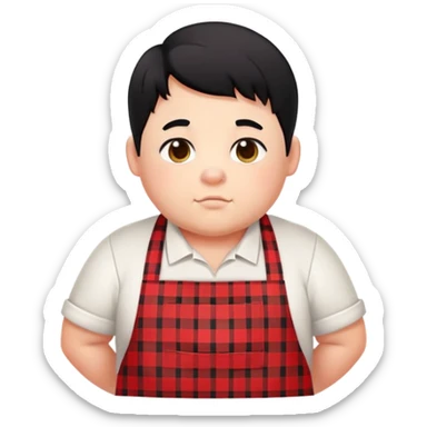 chubby boy with black hair styled upward in front, wearing a red and white checkered plaid apron sticker