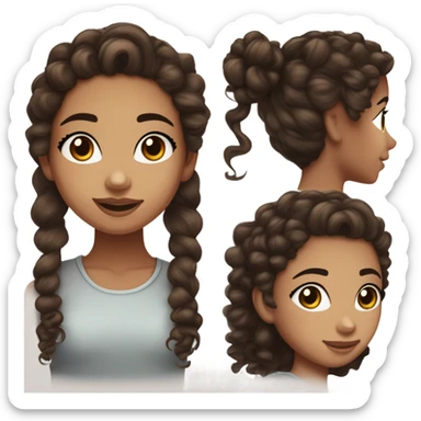 A teenage girl with curly cocoa brown hair, half up half down. She has light freckles and a nose piercing, she is wearing eyeliner and has long pretty eyelashes, she has round dark brown eyes sticker