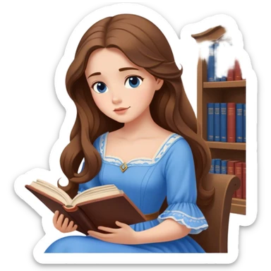 Cinematic Elegant Belle Portrait Emoji, Sitting with an open book, eyes dreamy with thought, her iconic blue village dress draped gracefully, exuding intelligence, kindness, and timeless charm! sticker