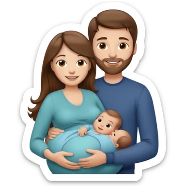 "Pregnant woman with long brown hair and fair skin and man with short brown hair and fair skin (without a mustache) holding baby  smiling."
 sticker