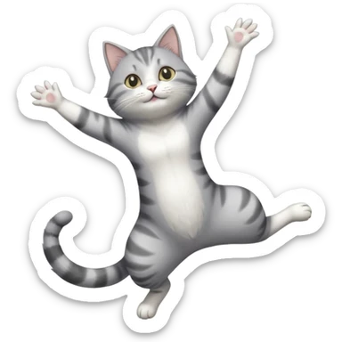 grey and white cat doing a big long stretch reaching up into the air with arms and legs together sticker