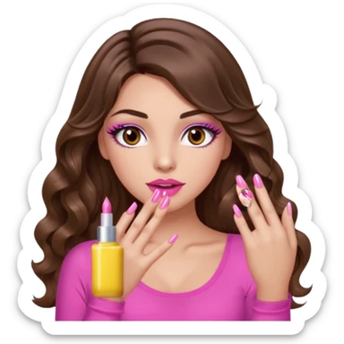 girl with long wavy brown hair, brown eyes, light to medium complexion, in a pink sexy top, pink lips, long lashes, puckered lips, showing my manicure sticker