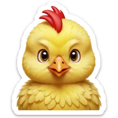 Cinematic Cute Yellow Baby Chicken Portrait Emoji, Head tilted playfully and inquisitively, featuring a fluffy, vibrant yellow downy coat with a tiny red comb, round, sparkling beady eyes filled with curiosity, Simplified yet irresistibly adorable features, highly detailed, glowing with a warm, friendly glow, high shine, affectionate and lively, stylized with a touch of playful whimsy, bright and endearing, soft glowing outline, capturing the essence of a mischievous yet loving chick, so playful it feels like it could peep out of the screen and into your arms! sticker