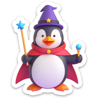 A penguin dressed as a wizard, holding a magic wand, with a pointy hat and a cape sticker