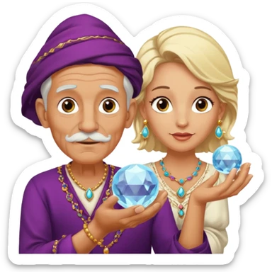 Elderly male cleanshaven gypsy with earrings and blonde female gypsy holding a crystal ball sticker