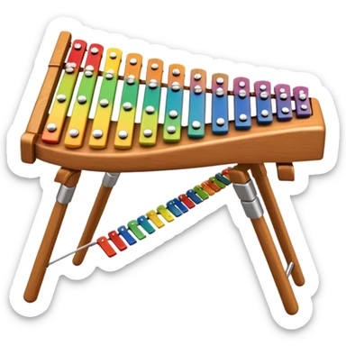Create a vibrant and detailed emoji representing a professional wood xylophone. The design should feature the sleek wooden keys of the xylophone, arranged neatly on the frame, with metal bars clearly visible. Add the mallets placed beside the instrument or in motion, highlighting their soft rubber heads. Use warm, natural wood tones for the keys, with subtle metallic accents to reflect the professional quality of the instrument. Add small musical notes or soundwaves around the xylophone to evoke its bright, percussive sound. The background should be transparent. sticker